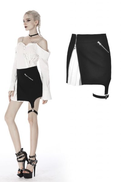 画像1: 【KW179】Punk black with white in side irregular short skirt / スカート【DARK IN LOVE】 (1)