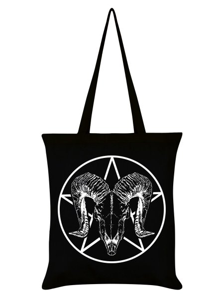 画像1: Ram Skull Pentagram Black Tote Bag / エコバッグ【GRINDSTORE】 (1)