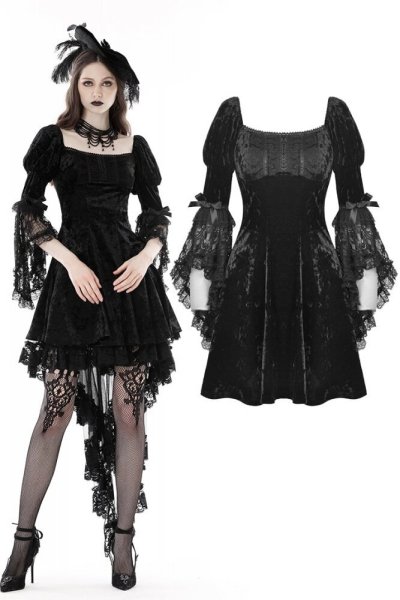 画像1: Gothic princess bell lace sleeves velvet dress / ワンピース【DARK IN LOVE】 (1)
