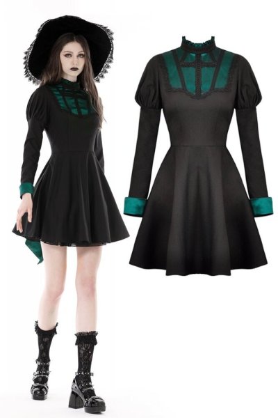 画像1: Gothic black green pleated tail dress / ワンピース【DARK IN LOVE】 (1)
