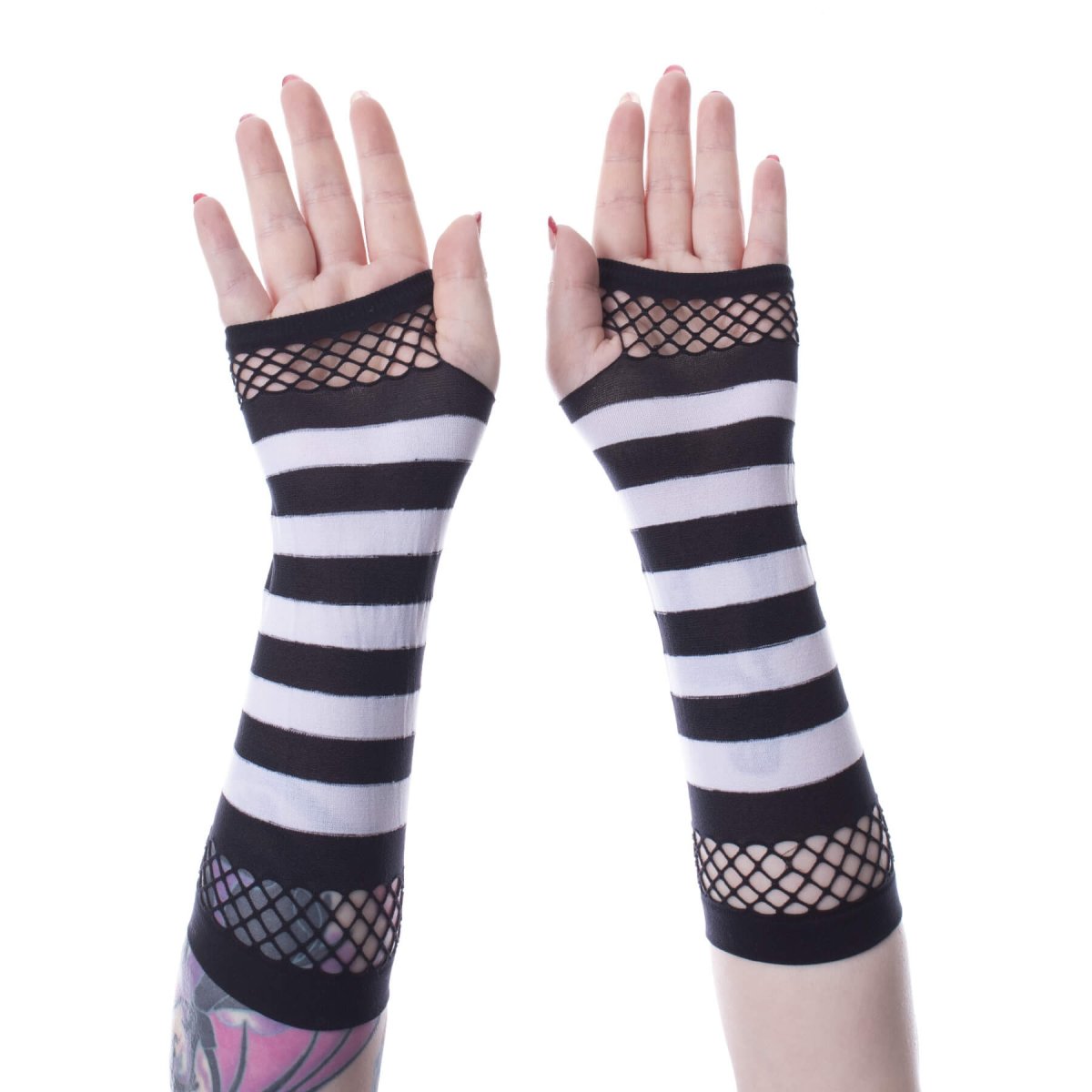 画像2: STRIPED MESH GLOVES / BLACK x WHITE / アームカバー【Vixxsin】 (2)