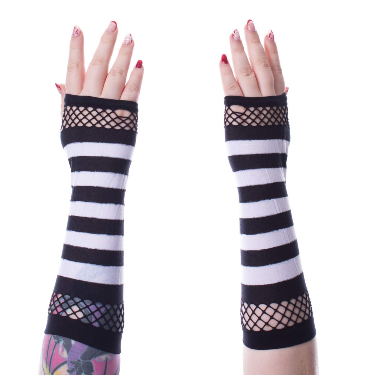画像1: STRIPED MESH GLOVES / BLACK x WHITE / アームカバー【Vixxsin】 (1)