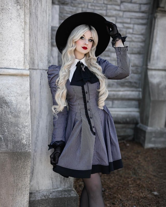 2点おまとめrosy monster スクエアネック ボリュームワンピ 黒 白M Black white strip preppy style dress / ワンピース【DARK IN LOVE