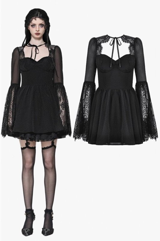 Black Gothic Mesh Patchwork Back Lace-up Dress / ワンピース【DARK