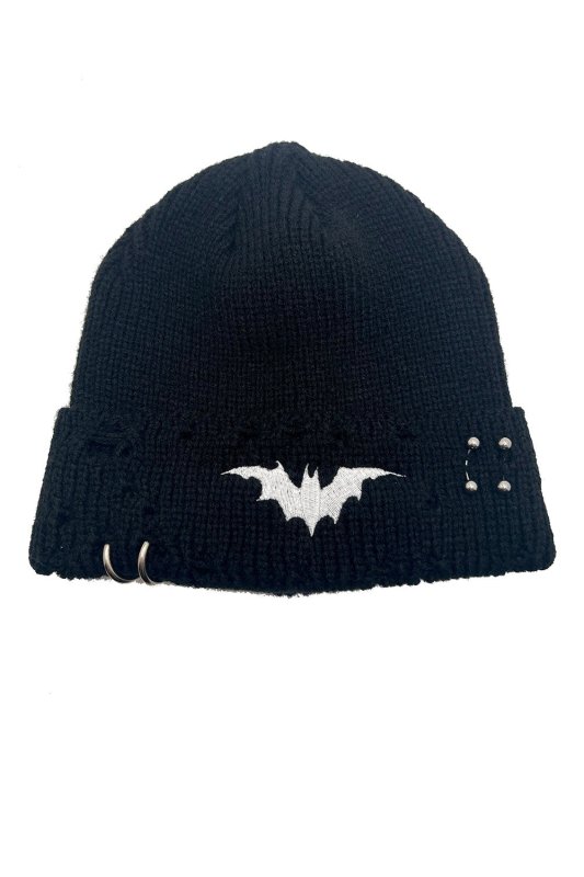 Distressed Pierced Beanie / White Bat / ビーニー【VampireFreaks