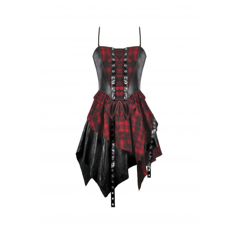 新品未使用　シビラ　黒地にスリットから真っ赤な裏地色が見え隠れするワンピース Punk Inked Plaid Dress with Faux Leather Splice & Grommet