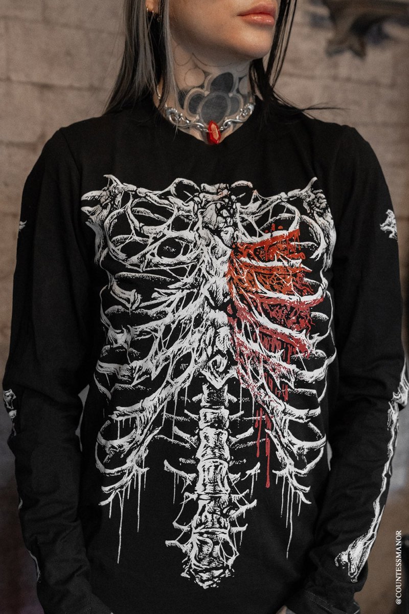 画像2: Bleeding Heart Skeleton / 心臓を蝕む血の影 / ロングスリーブＴシャツ【VampireFreaks】 (2)