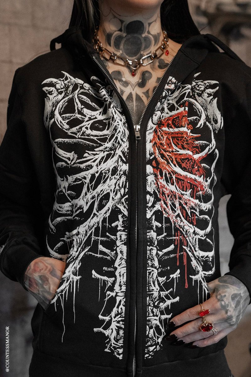 画像1: Bleeding Heart Skeleton Hoodie / 流血ハートスケルトン / ZIP パーカー【VampireFreaks】 (1)
