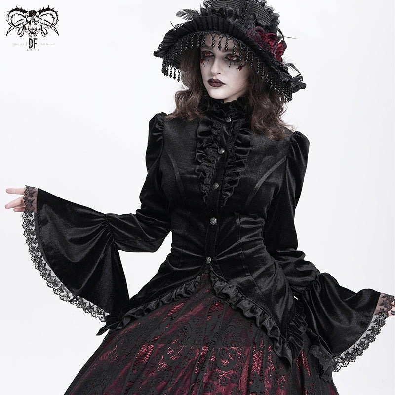Falling Star Velvet Gothic Dress ベルベット 黒 Black Glossy Velvet Swallowtail Shirts / ブラウス【Devil Fashion