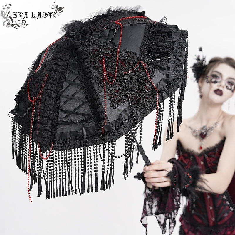 Gothic tassel bead chain wooden handle small umbrella / レース
