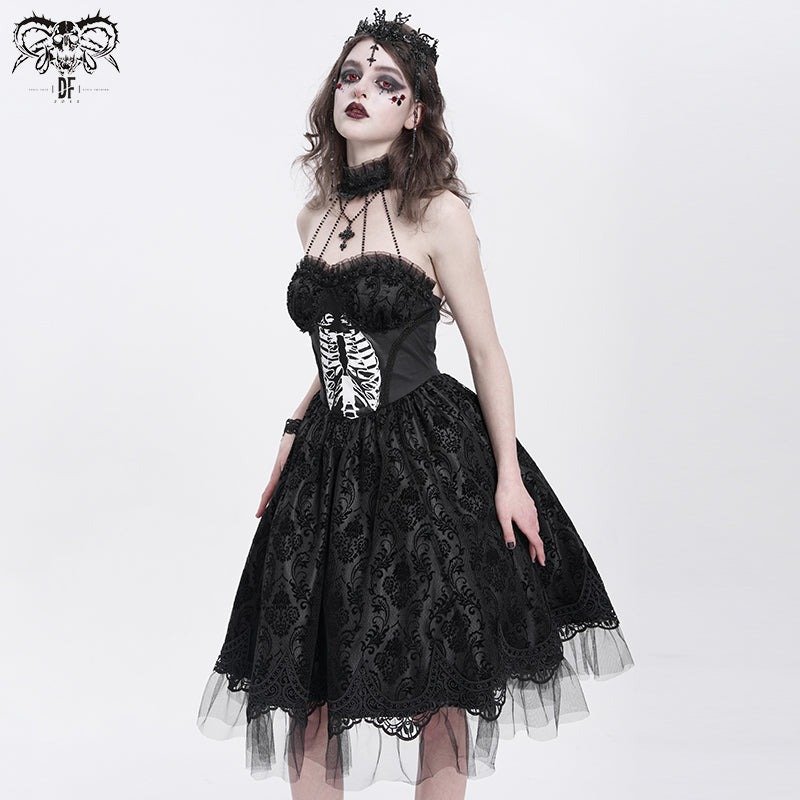Black women Skeleton Printing Gothic Lolita Dress / ワンピース