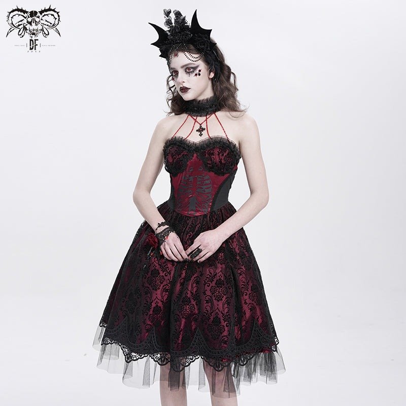 Red women Skeleton Printing Gothic Lolita Dress / ワンピース