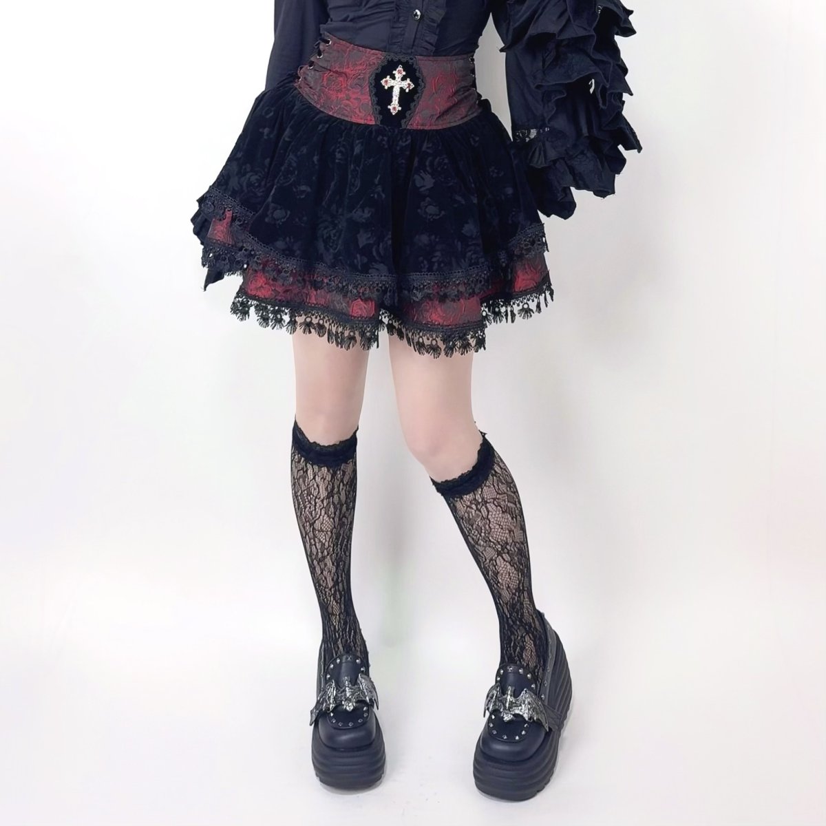 画像4: Red and Black Summer Girls Gothic Rose Jacquard Skirts / スカート【Devil Fashion】 (4)