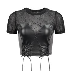 画像7: 🔥SALE🔥Cracked mesh leather spliced women's short sleeves top / トップス【Devil Fashion】 (7)