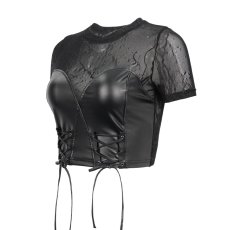 画像8: 🔥SALE🔥Cracked mesh leather spliced women's short sleeves top / トップス【Devil Fashion】 (8)