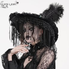 画像1: Long and short tassel black big round widow hat / ハット【Devil Fashion】 (1)