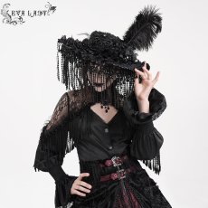 画像3: Long and short tassel black big round widow hat / ハット【Devil Fashion】 (3)
