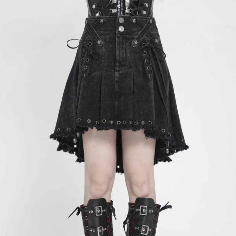 Black Gothic Punk Skull Lace Up Pleated High-Low Skirt / スカート
