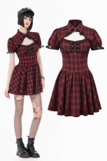 画像1: Retro Punk Red Plaid Cutout Lace-Up Dress / ワンピース【DARK IN LOVE】 (1)
