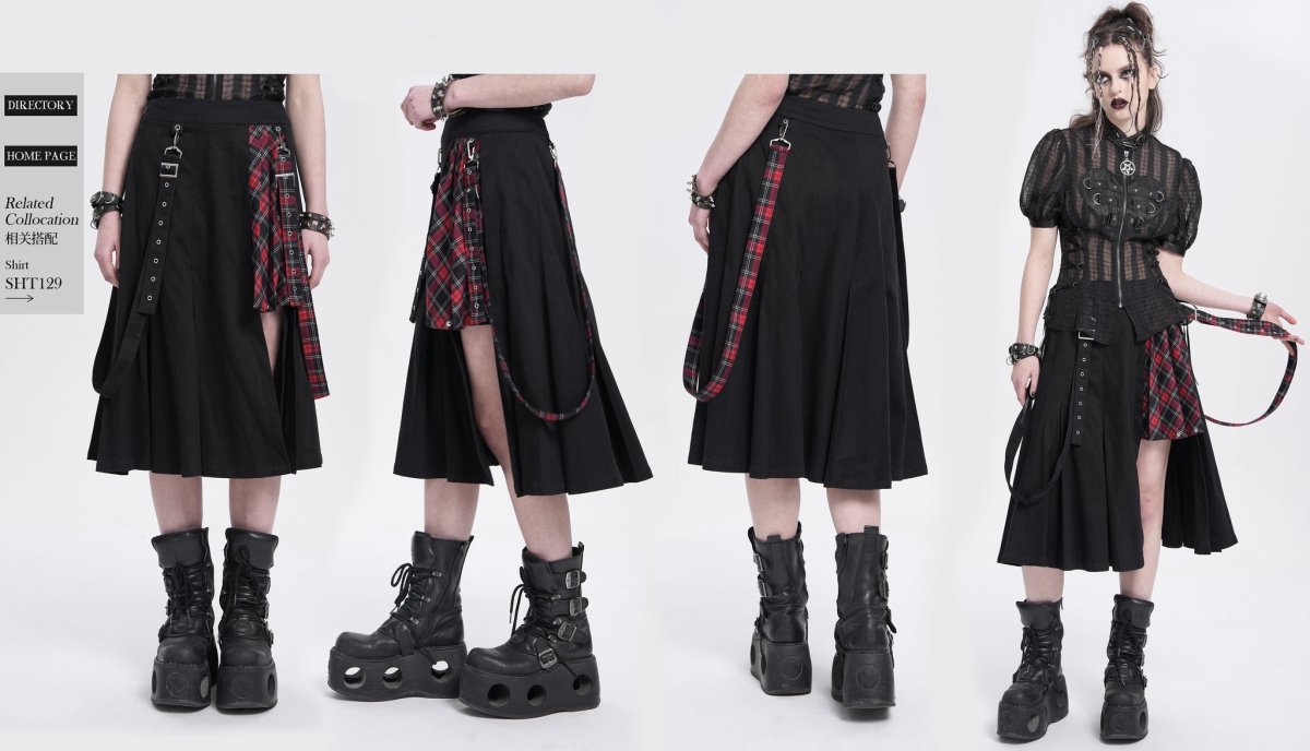 画像14: fake 2 pieces black and red Scottish plaid overskirt / スカート【Devil Fashion】 (14)