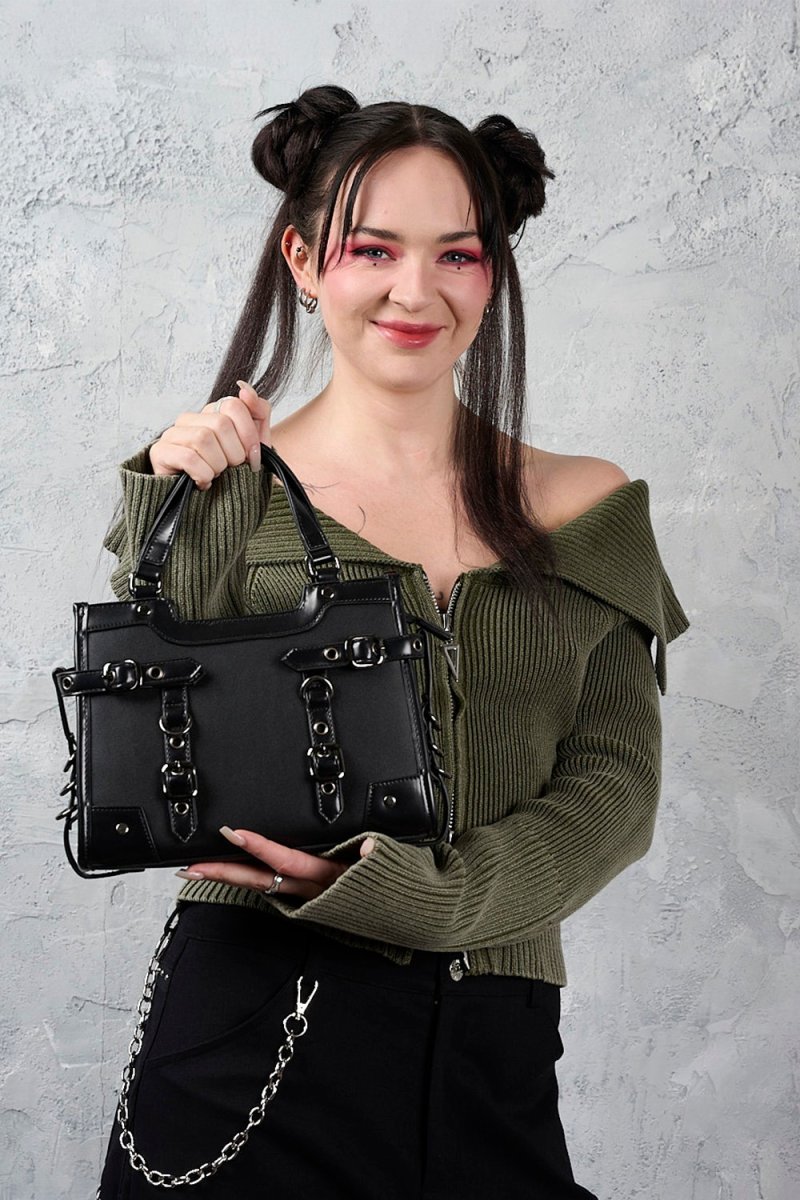 画像2: Black Ledger Satchel Bag / ハンドバッグ【Banned Apparel】 (2)