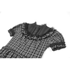 画像13: Dark Lolita Gingham Patchwork Lace Ruffle Puff Sleeve A-Line Dress / ワンピース【DARK IN LOVE】 (13)