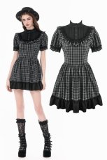 画像1: Dark Lolita Gingham Patchwork Lace Ruffle Puff Sleeve A-Line Dress / ワンピース【DARK IN LOVE】 (1)