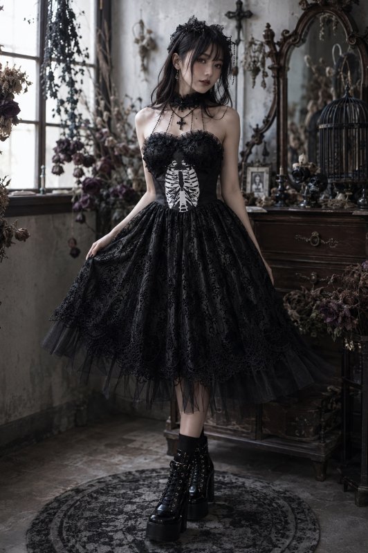 Black women Skeleton Printing Gothic Lolita Dress / ワンピース