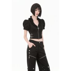 画像4: Cross-Zip Buckled Waist Ruffle Puff Sleeve Crop Top / トップス【DARK IN LOVE】 (4)