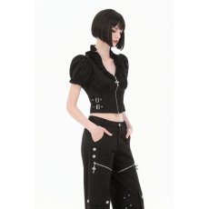 画像6: Cross-Zip Buckled Waist Ruffle Puff Sleeve Crop Top / トップス【DARK IN LOVE】 (6)