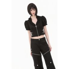 画像5: Cross-Zip Buckled Waist Ruffle Puff Sleeve Crop Top / トップス【DARK IN LOVE】 (5)
