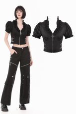 画像1: Cross-Zip Buckled Waist Ruffle Puff Sleeve Crop Top / トップス【DARK IN LOVE】 (1)