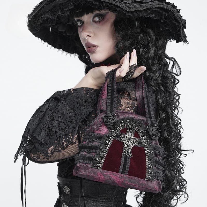 Gothic Lace-Trimmed Rose Cross Bag / RED / ハンドバッグ【Devil