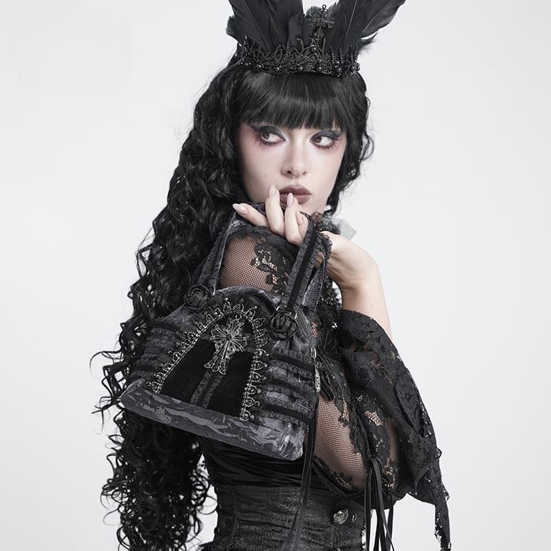 Gothic Lace-Trimmed Rose Cross Bag / BLACK / ハンドバッグ【Devil