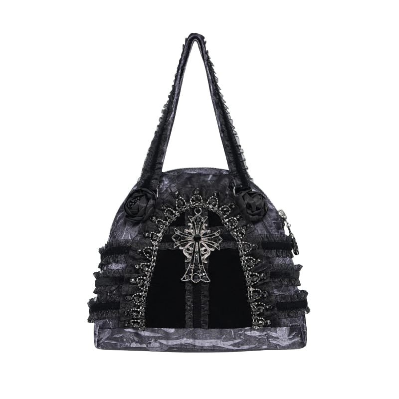Gothic Lace-Trimmed Rose Cross Bag / BLACK / ハンドバッグ【Devil