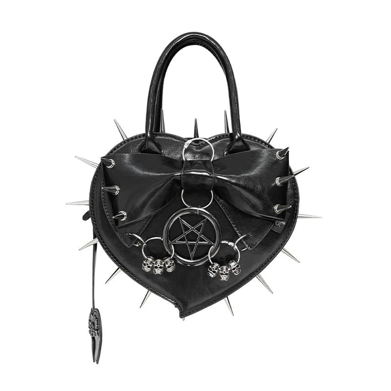 希少 黒鞍馬石　ハート型 Black Heart with Pentacle and Spikes Handbag / ハンドバッグ【Devil