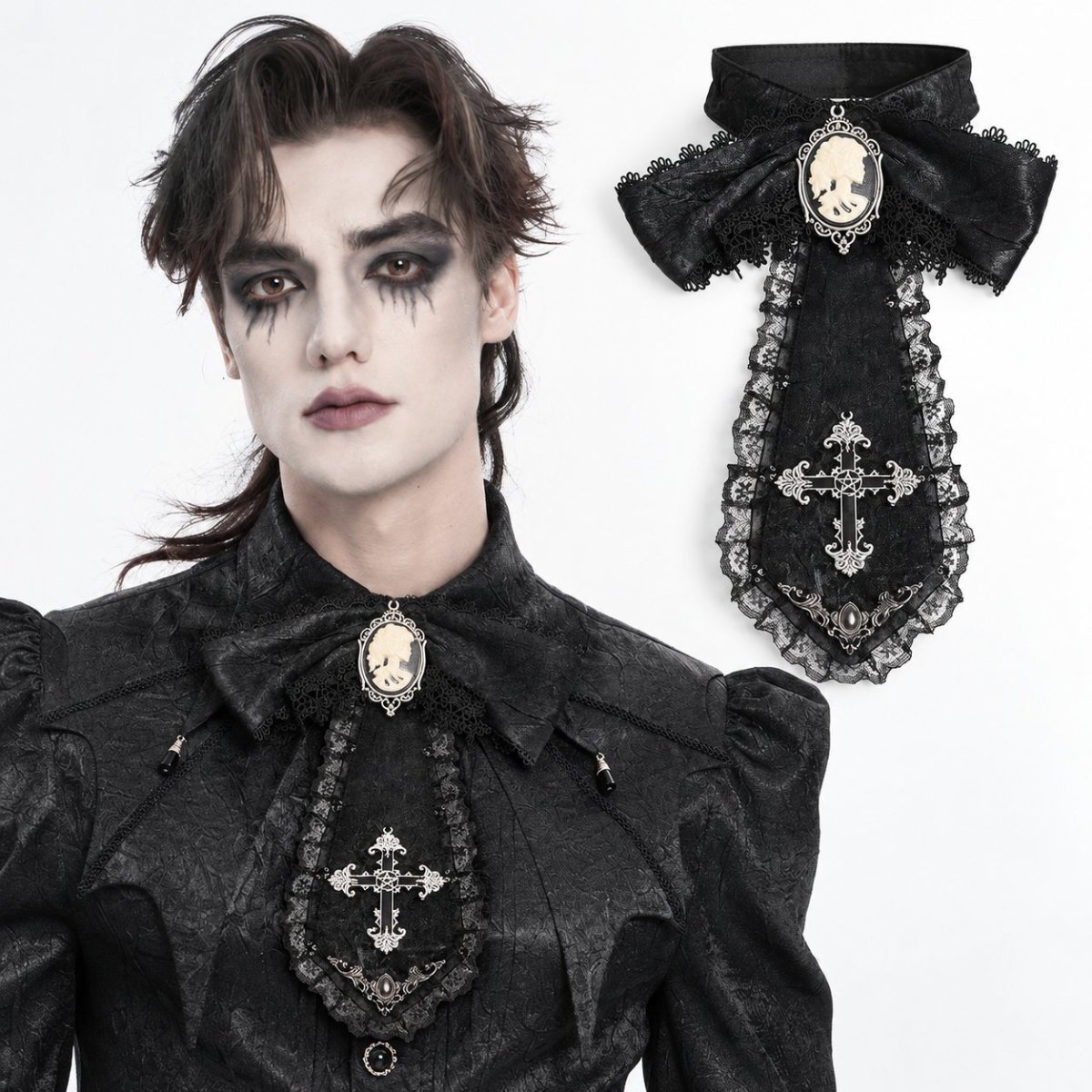 画像1: Black / Glossy pleated Gothic collar and bow tie / ジャボタイ (1)