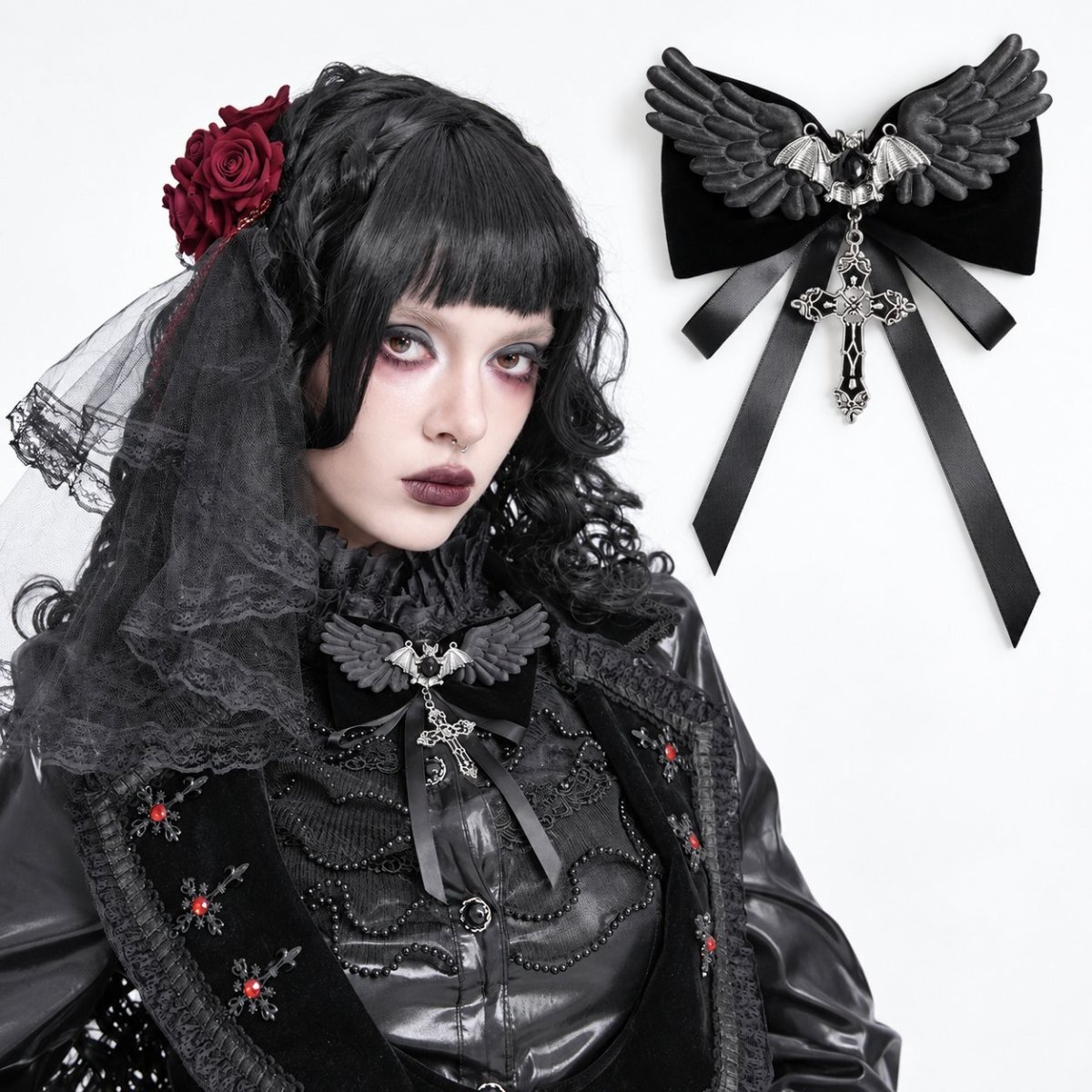 画像1: Bat Cross Bowknot Hairpin / ヘアピン / ブローチ【Devil Fashion】 (1)