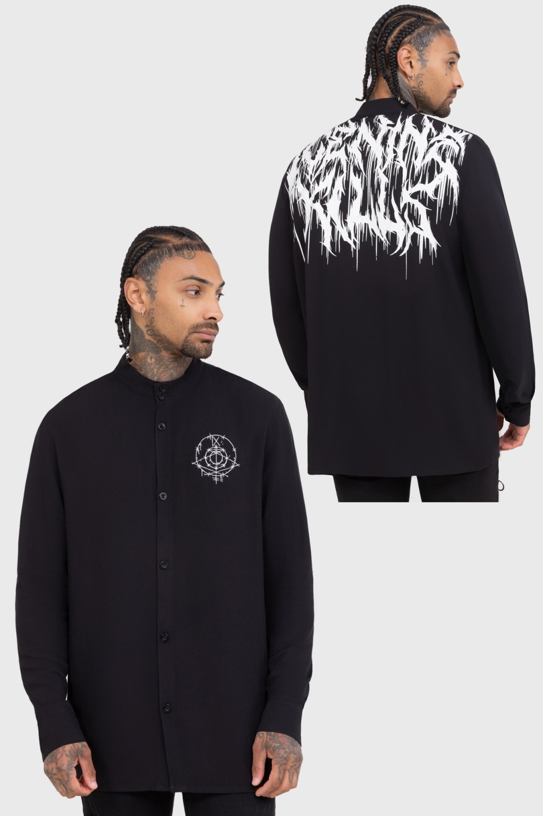 mad punks クロス刺繍とチェーン装飾の黒シャツ PUNK RAVE Men's Punk Simple Profile Asymmetric Stitching