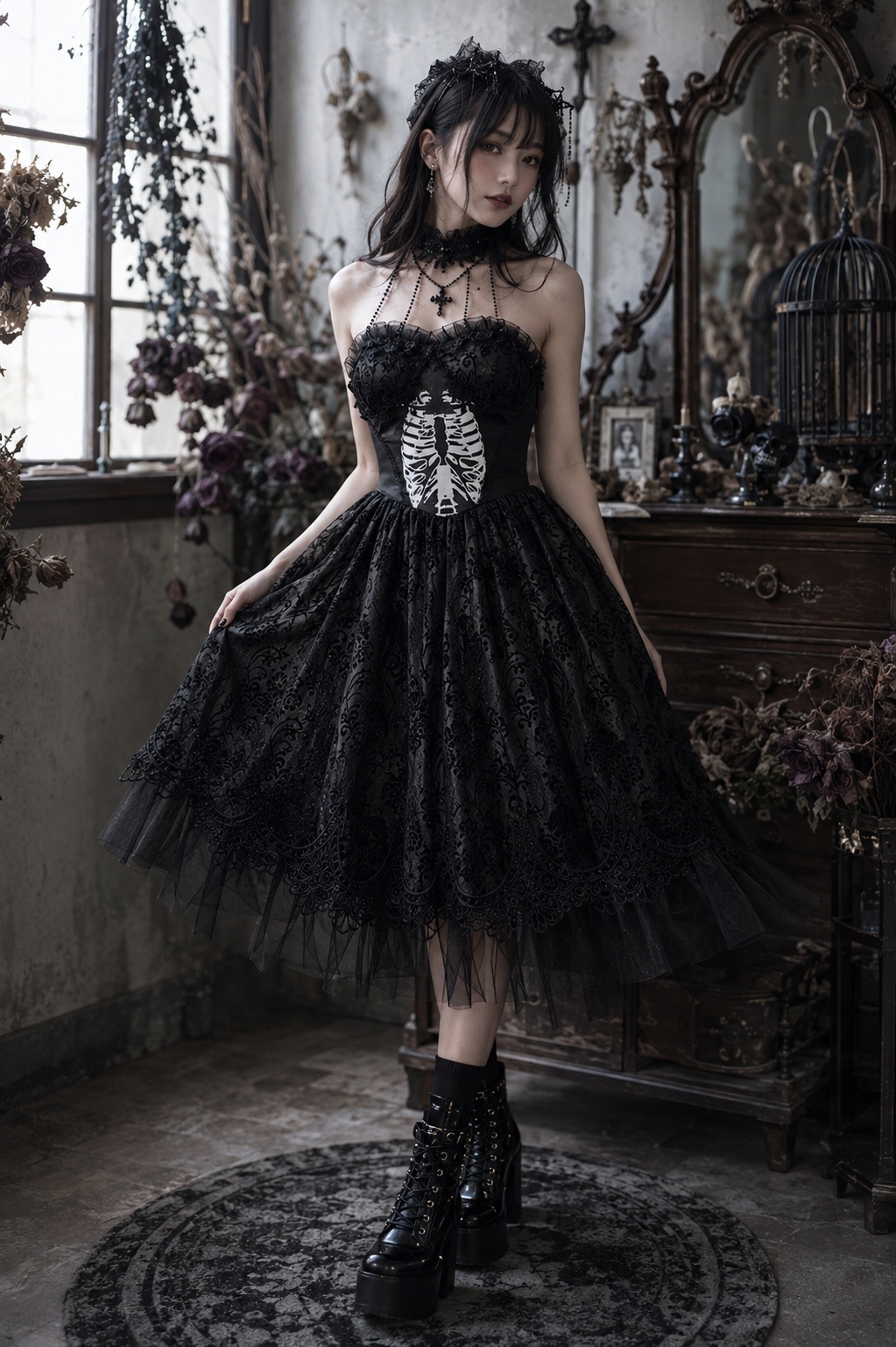 Black women Skeleton Printing Gothic Lolita Dress / ワンピース