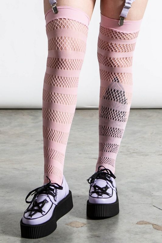 Shena Fishnet Stockings PASTEL PINK ニーハイソックス【KILL STAR】 Spider Rock  Web